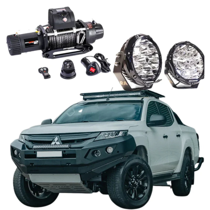Load image into Gallery viewer, Off-road vehicle accessories with bull bar, driving lights, and synthetic winch rope
