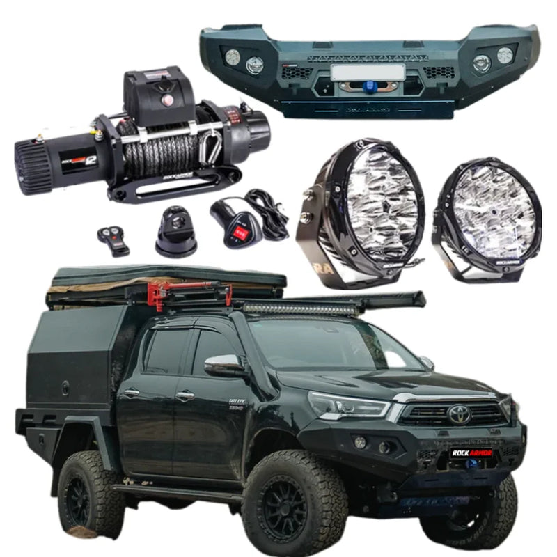 Load image into Gallery viewer, Off-road vehicle accessories featuring Rockarmor GT Steel Bull Bar and driving lights for Toyota Hilux 2020+
