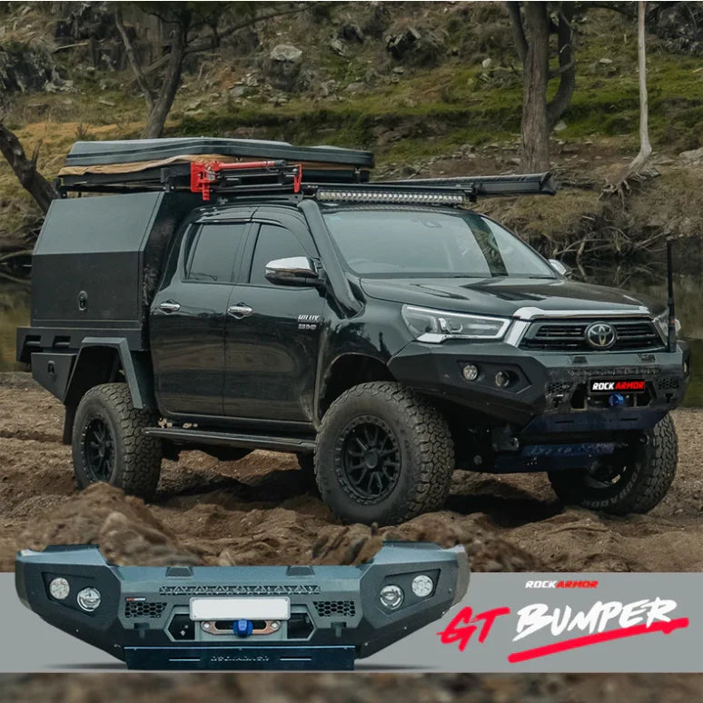 Load image into Gallery viewer, Black off-road truck with Rockarmor GT Steel Bull Bar and driving lights installed
