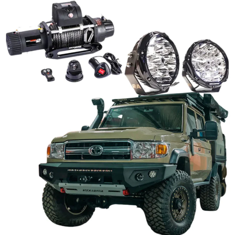 Load image into Gallery viewer, Off-road vehicle accessories featuring Rockarmor GT Steel Bull Bar and driving lights for Toyota Landcruiser
