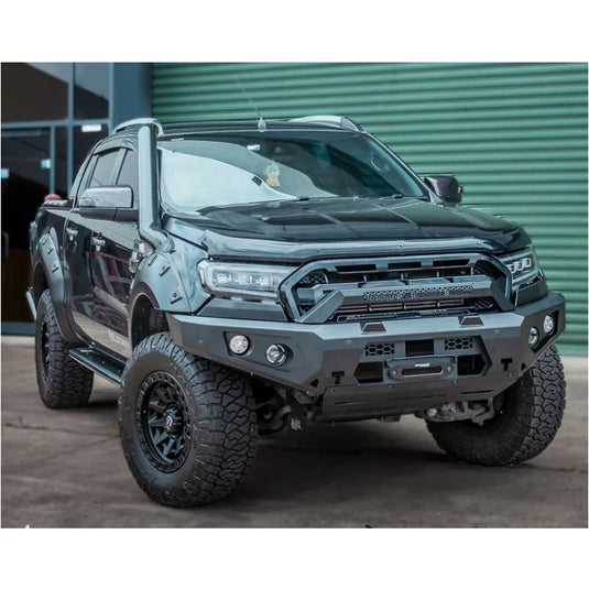 Black pickup truck with aftermarket modifications featuring Rockarmor GT Steel Hoopless Bullbar for Ford Ranger PX2 & 3, enhancing rated recovery points and approach angles