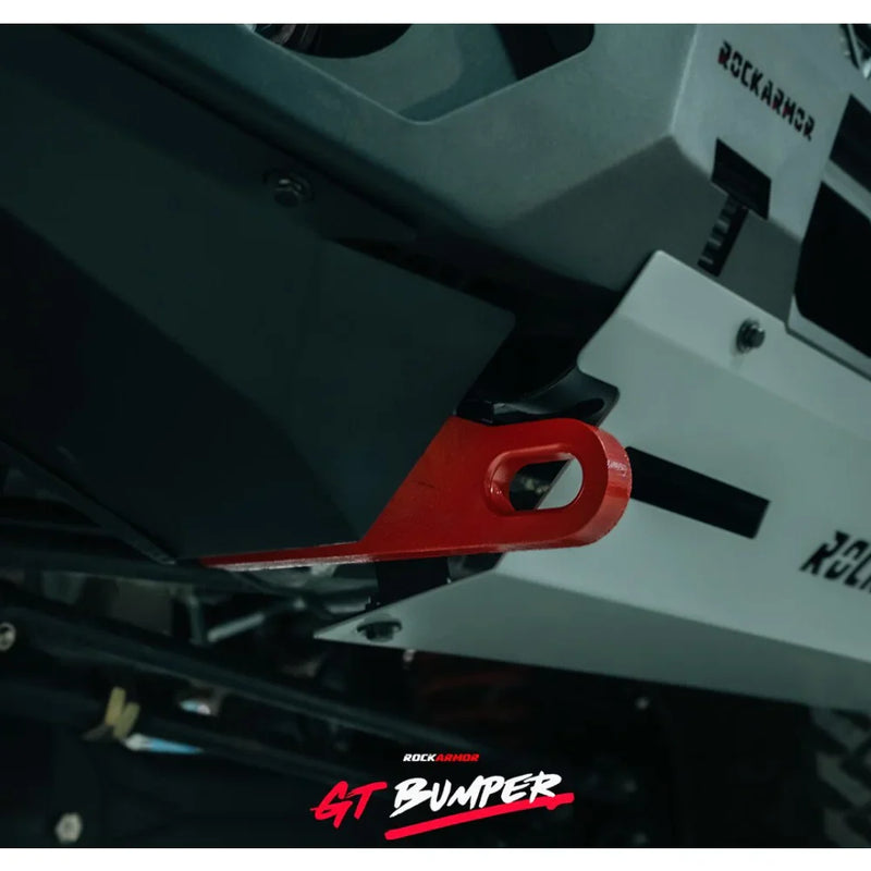 Load image into Gallery viewer, Red tow hook on Rockarmor GT Steel Hoopless Bullbar for Toyota Landcruiser 76-79
