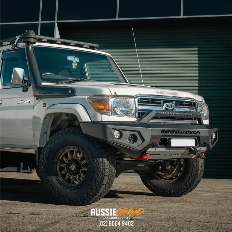 Load image into Gallery viewer, White Toyota Land Cruiser with Rockarmor GT Steel Hoopless Bullbar and aftermarket bumper
