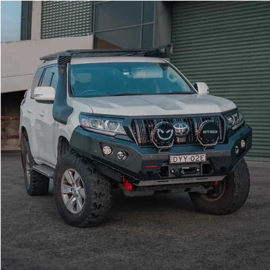 White off-road Toyota SUV with Rockarmor GT Steel Hoopless Bullbar for Toyota Prado 150