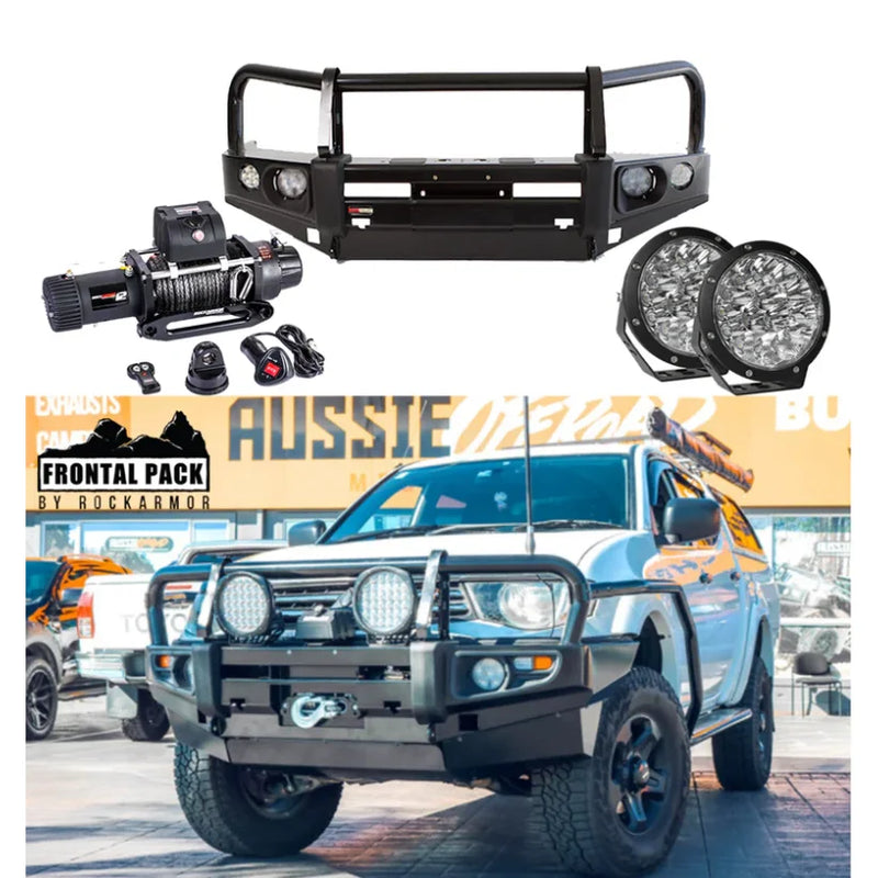 Load image into Gallery viewer, Off-road vehicle frontal protection pack with bull bar, driving lights, and synthetic winch rope for Mitsubishi Triton Challenger 2009-2015
