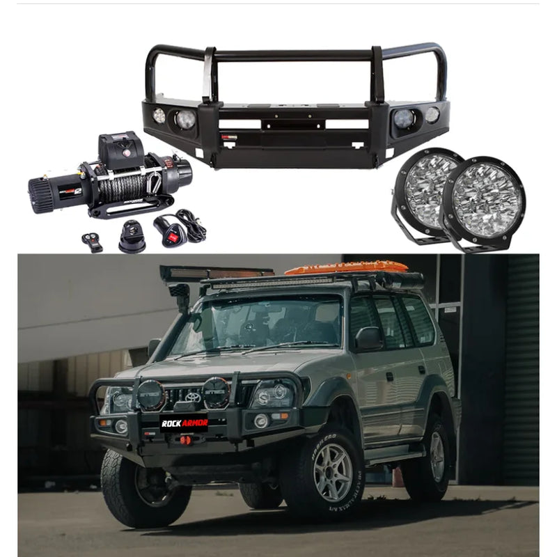 Load image into Gallery viewer, Off-road vehicle accessories featuring Rockarmor premium bullbar and synthetic winch rope for Toyota Prado 90/95
