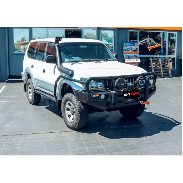 Load image into Gallery viewer, White off-road vehicle with black premium bullbar and synthetic winch rope for Toyota Prado
