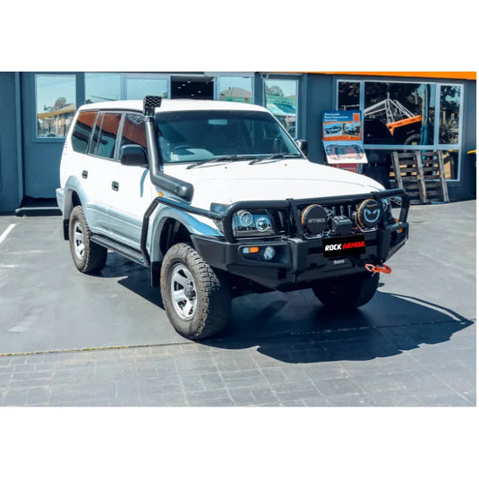 White off-road vehicle with black premium bullbar and synthetic winch rope for Toyota Prado