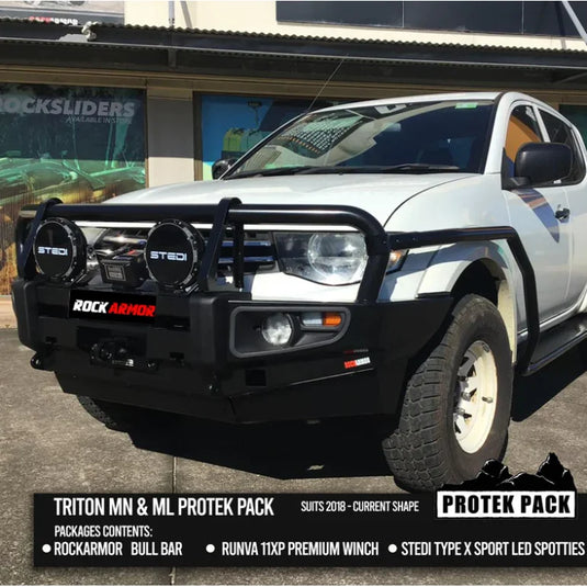 White pickup truck with steel bull bar and fog lights for Mitsubishi Triton Challenger