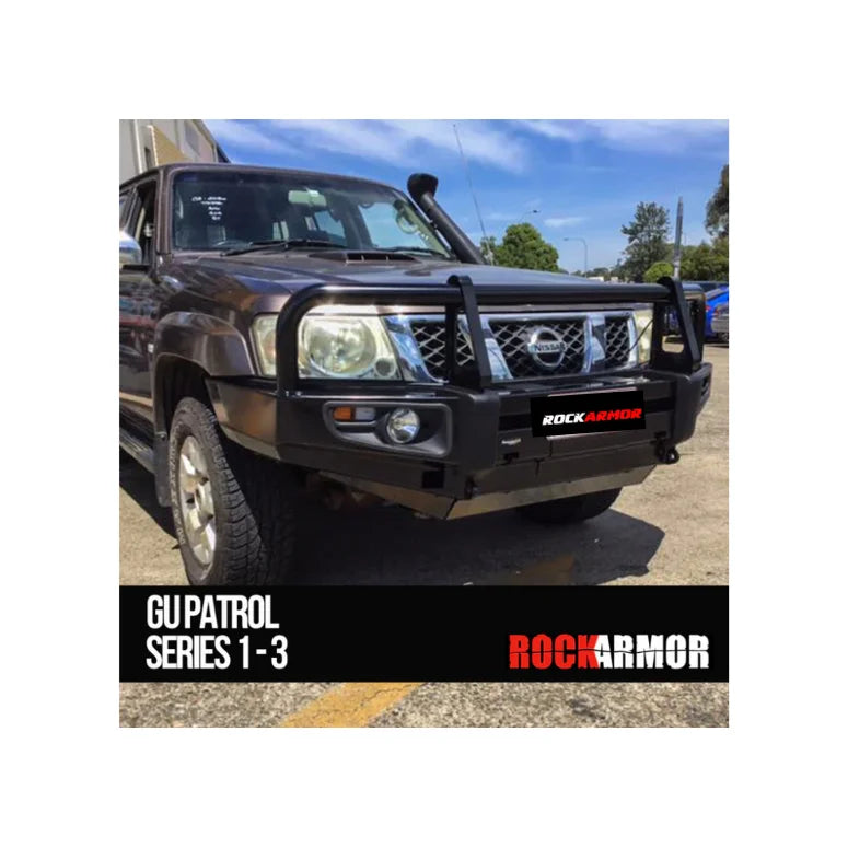 Load image into Gallery viewer, Brown Nissan Patrol with black bull bar and premium steel construction for enhanced protection
