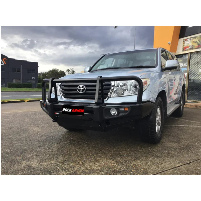 Load image into Gallery viewer, Silver Toyota Land Cruiser with black premium steel bullbar and fog lights for protection
