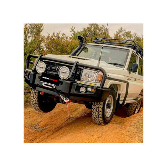 White off-road vehicle with premium steel bullbar and fog lights for Toyota Landcruiser