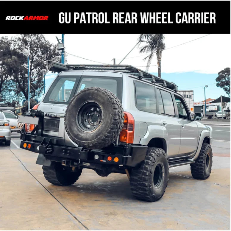 Load image into Gallery viewer, Silver SUV with rear wheel carrier for Nissan Patrol Y61 spare wheel fitting video
