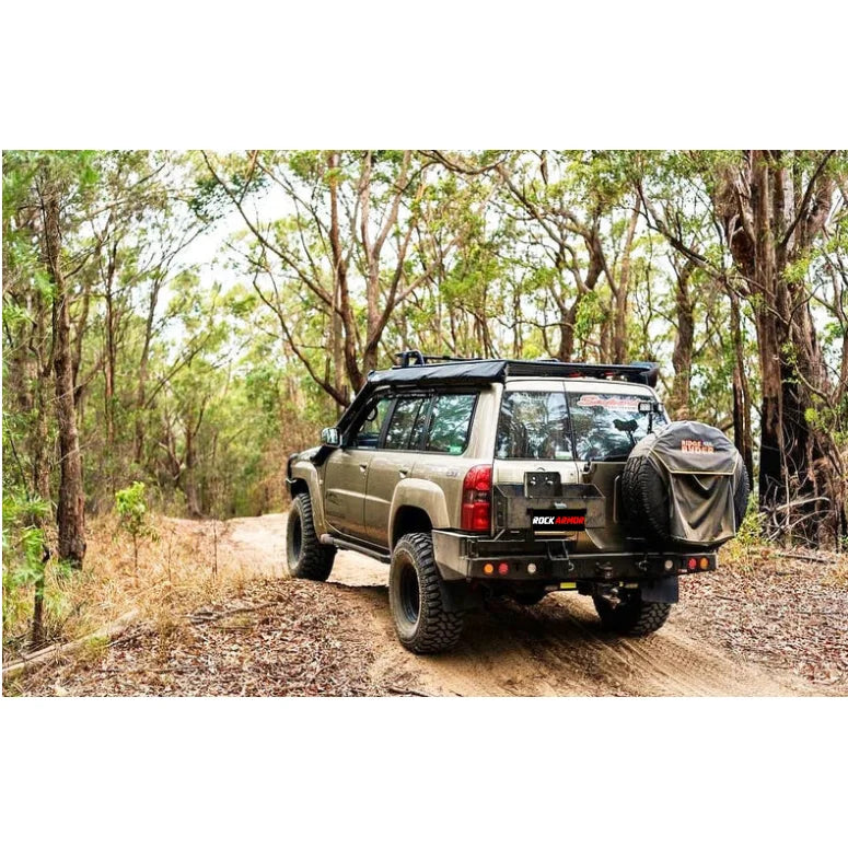 Load image into Gallery viewer, Tan off-road vehicle with Rockarmor Steel Dual Wheel Carrier for Nissan Patrol Y61
