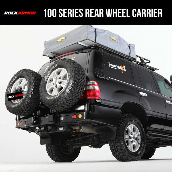 Load image into Gallery viewer, Black SUV with rear wheel carrier and roof tent on Rockarmor Steel Dual Wheel Carrier Gen III for Toyota Landcruiser FJ100 and Lexus 470
