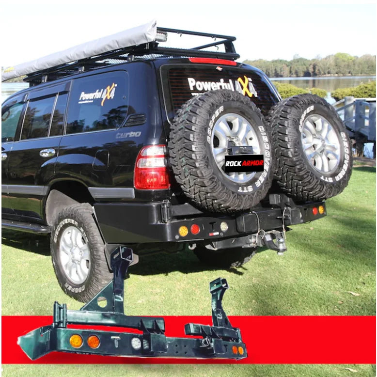 Load image into Gallery viewer, Black SUV with Rockarmor steel dual wheel carrier for spare wheel, fitting video included
