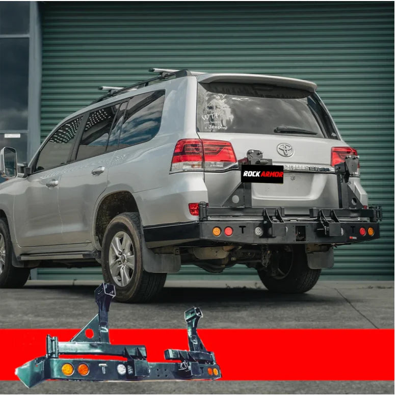 Load image into Gallery viewer, Silver SUV with black rear bar featuring Rockarmor Steel Dual Wheel Carrier for Toyota Landcruiser

