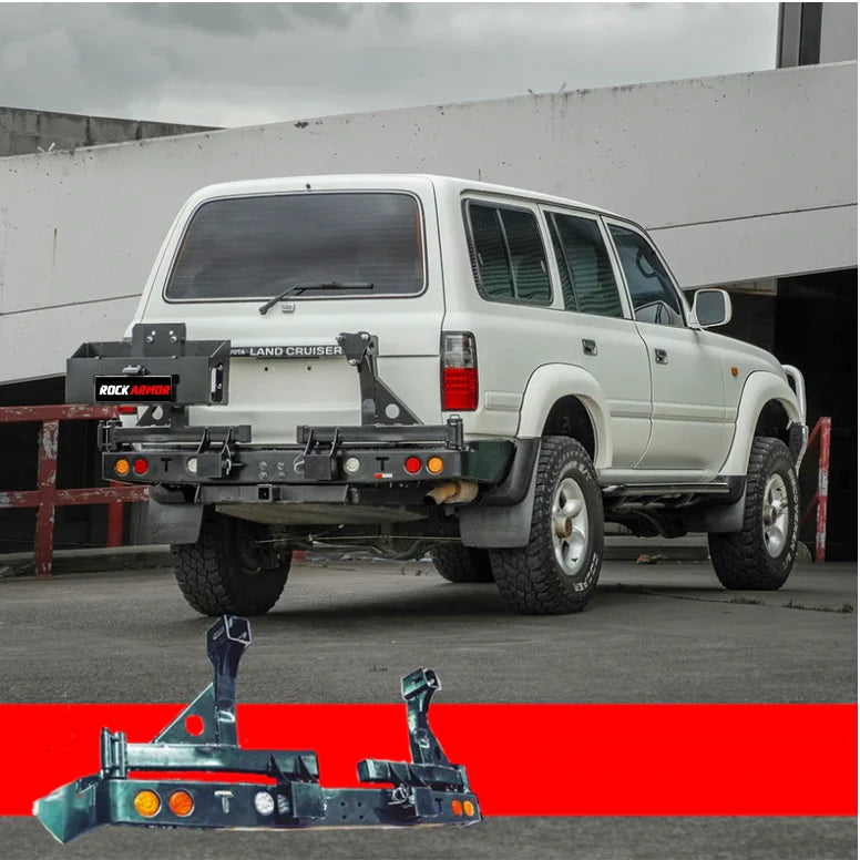 Load image into Gallery viewer, White Land Cruiser with aftermarket rear bumper and steel dual wheel carrier for spare wheel
