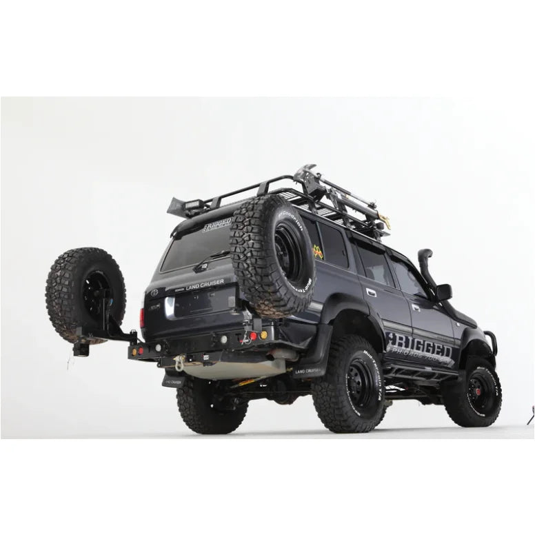 Load image into Gallery viewer, Black off-road vehicle with roof rack and spare wheel showcasing Rockarmor Steel Dual Wheel Carrier fitting video
