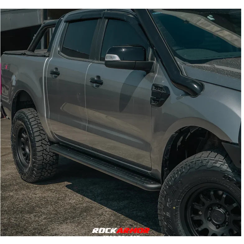 Load image into Gallery viewer, Gray pickup truck with snorkel showcasing Rockarmor steel checker plate side steps fitting video

