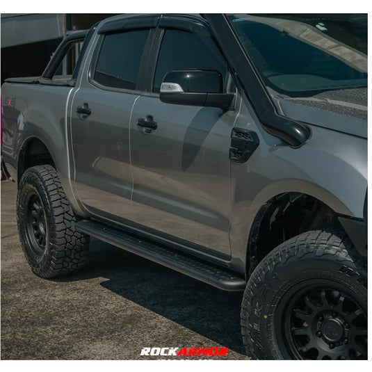 Gray pickup truck with snorkel showcasing Rockarmor steel checker plate side steps fitting video