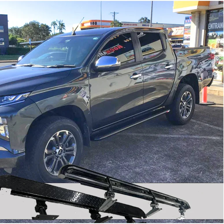 Load image into Gallery viewer, Black pickup truck side steps with checker plate surface for Mitsubishi Triton MQ and MR
