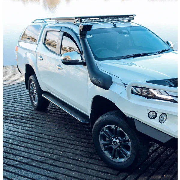 Load image into Gallery viewer, White pickup truck with snorkel roof rack and checker plate brush bar for Mitsubishi Triton
