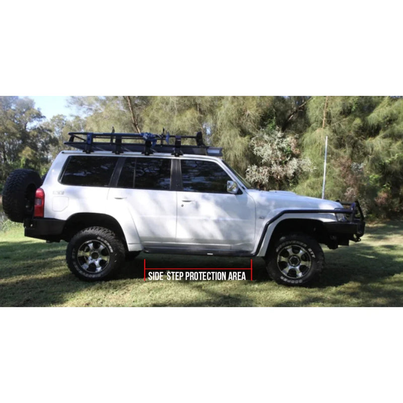 Load image into Gallery viewer, White off-road vehicle with roof rack featuring Steel Checker Plate Rockslider side steps for Nissan Patrol Y61 Gu1 Gu4 1998 to current
