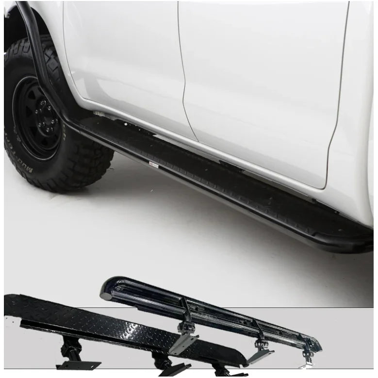 Load image into Gallery viewer, Black truck side steps with steel checker plate design from Rockarmor for Toyota Hilux N70
