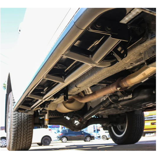 Steel checker plate truck undercarriage with exhaust system, fitting video for Rockarmor Side Steps