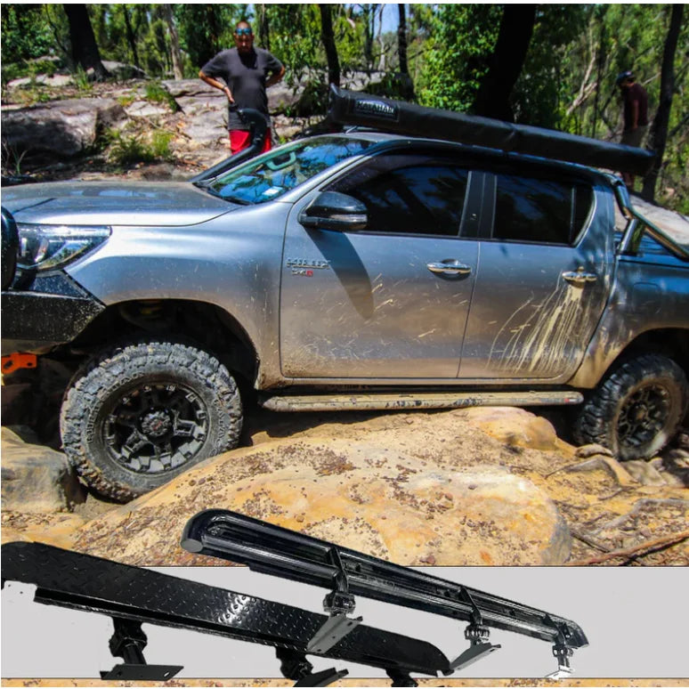 Load image into Gallery viewer, Silver off-road pickup truck with steel checker plate side steps for Toyota Hilux N80
