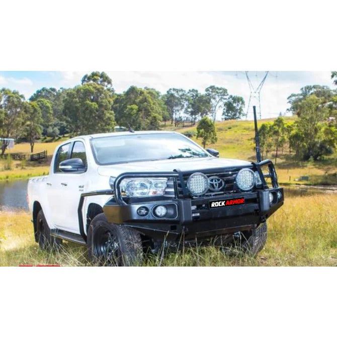 Load image into Gallery viewer, White Toyota Hilux with black bull bar and steel checker plate side steps for N80 models

