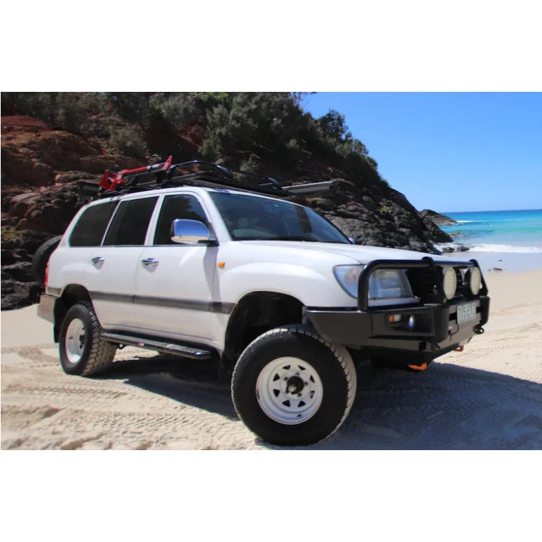 Load image into Gallery viewer, White off-road vehicle with roof rack featuring Rockarmor Steel Rockslider for Toyota Landcruiser series wagon solid
