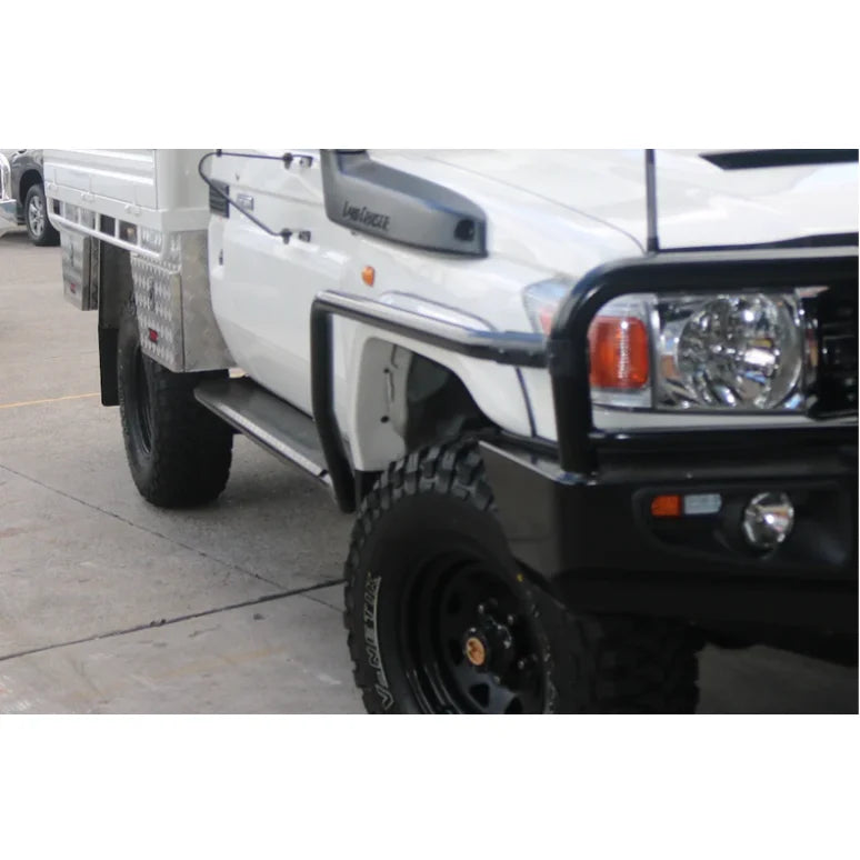 Load image into Gallery viewer, White utility truck with black bull bar and steel checker plate for Toyota Landcruiser
