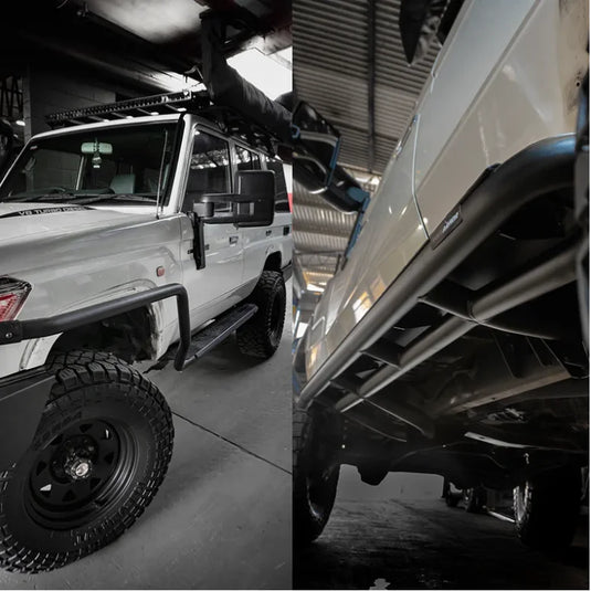 White off-road vehicle with steel checker plate Rockslider side steps for Toyota Landcruiser