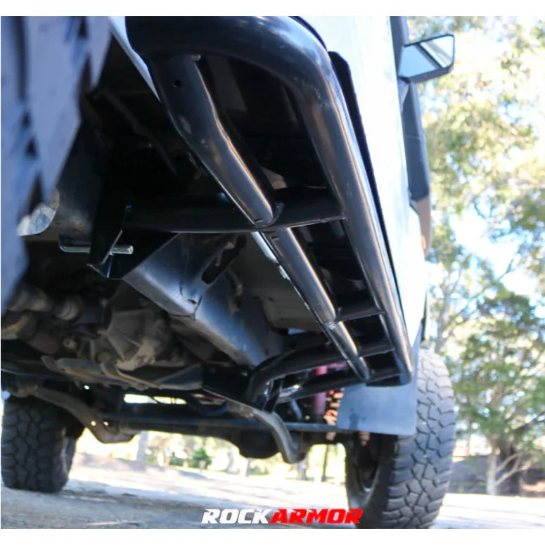 Load image into Gallery viewer, Black Rockslider on Toyota Landcruiser with steel checker plate side steps
