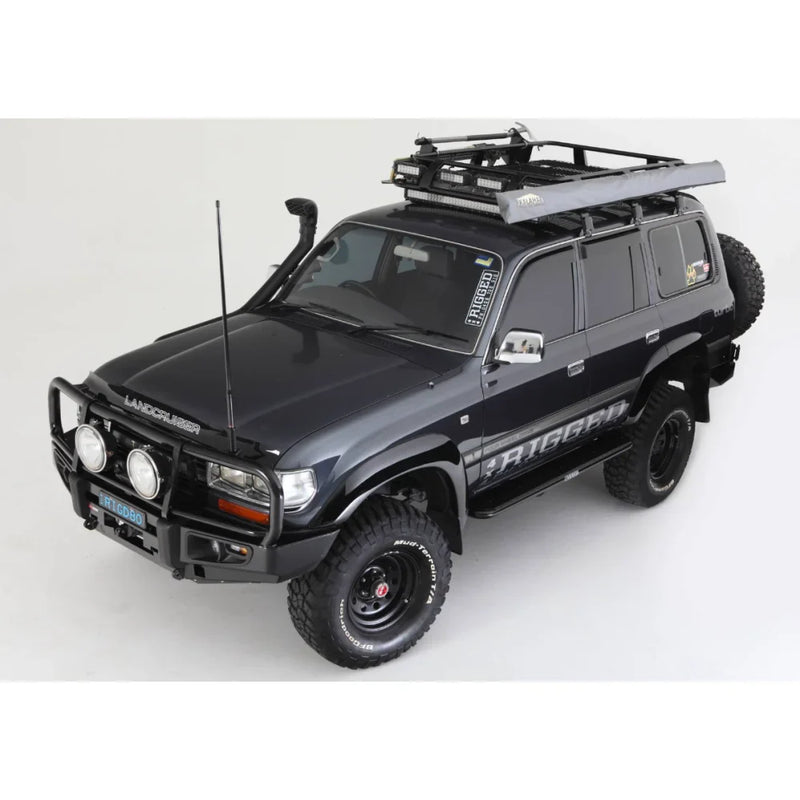 Load image into Gallery viewer, Black Land Cruiser with roof rack and steel checker plate Rockarmor side steps
